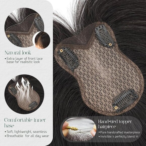 Human Hair Toppers With Air Bangs 11 In., Dark Brown, 3D Coverage, Clip-In main image 7